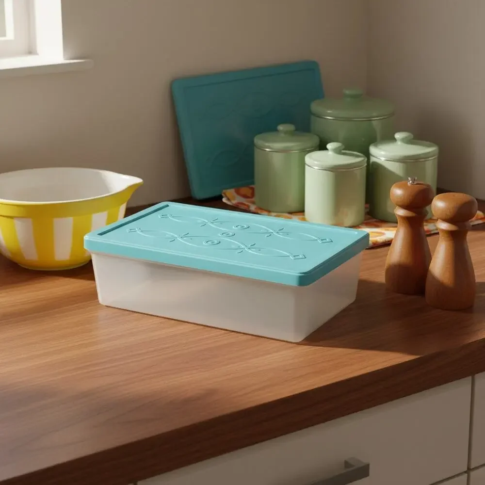 Vintage Mid Century Plastic Storage Box-Teal Lid-Organizer-Sewing-Craft-Kitchen